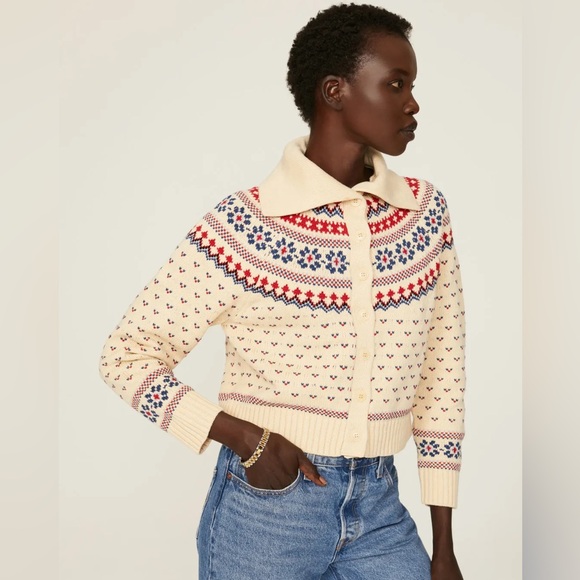 THE GREAT. Sweaters - EUC The Great. Cream Floral Fairisle Mini Collar sweater